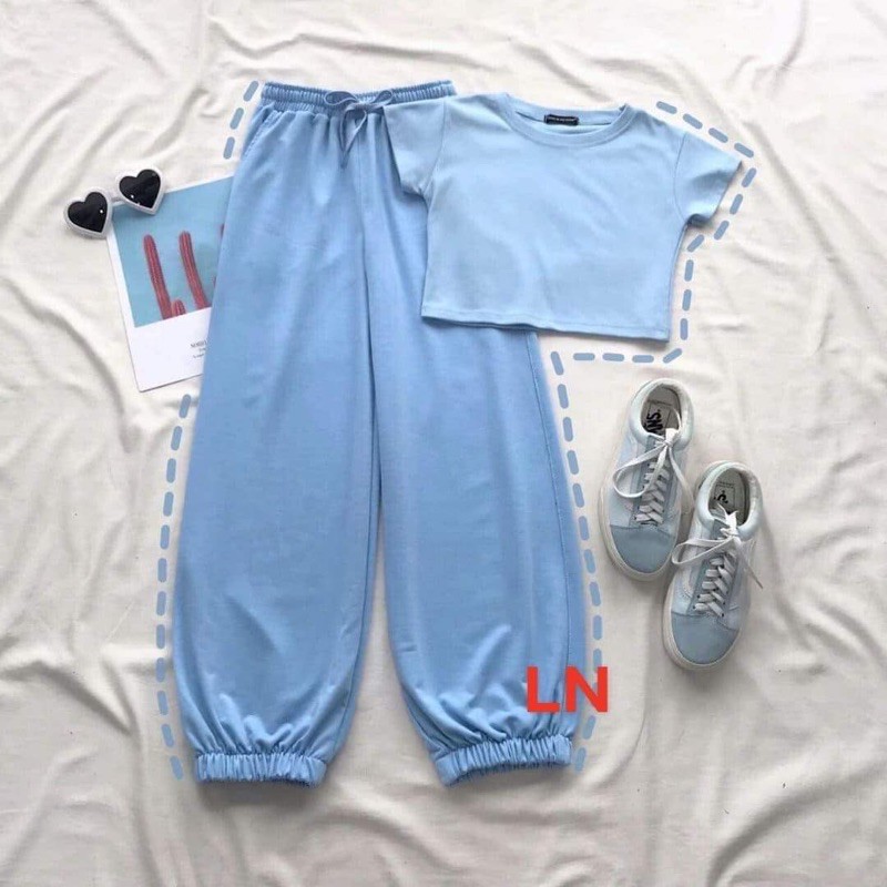 Sét áo croptop tay cộc +quần bom đa màu LN12