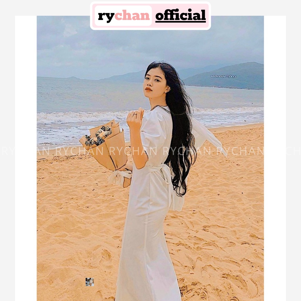 Đầm Đi Biển Maxi Trắng Đuôi Cá Đắp Cổ Tay Phồng Cột Lưng Lót Trong Dày Dặn [Ảnh Thật Cuối] - DM0107