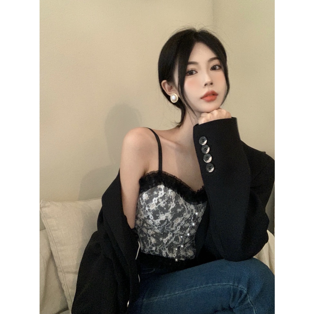 SUXI Áo Hai Dây Dáng Ôm In Hoa Thời Trang Retro Hàn Quốc