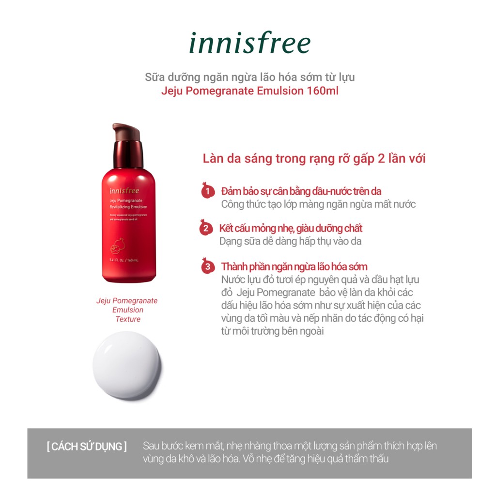 [Mã COSIF10 giảm 10% đơn 400K] Sữa dưỡng ngăn ngừa lão hóa từ lựu innisfree Jeju Pomegranate Revitalizing Emulsion 160ml | BigBuy360 - bigbuy360.vn