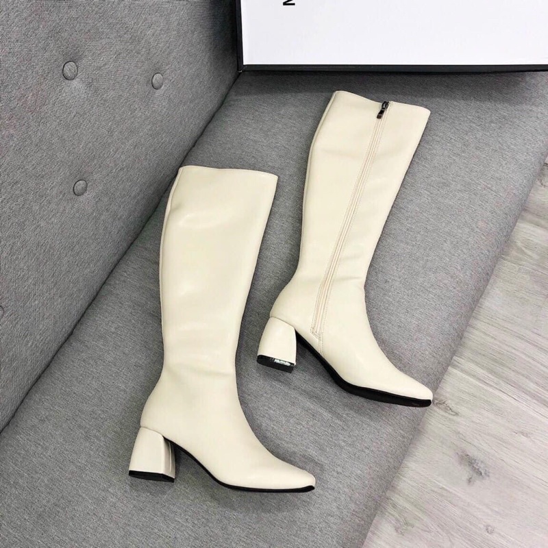 Bốt boot lửng da lì gót vuông fullbox hàng quảng châu cao cấp