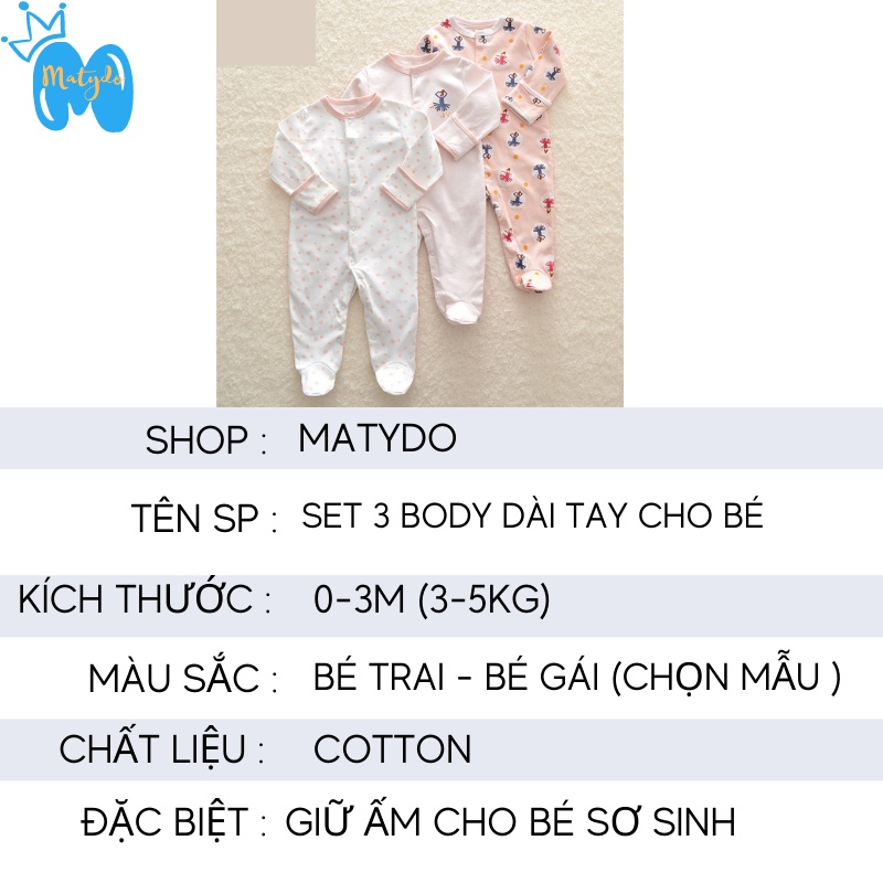 Body cho bé dài tay MATYDO set 3 bodysuit cho trẻ sơ sinh liền tất cho bé 0-3 tháng