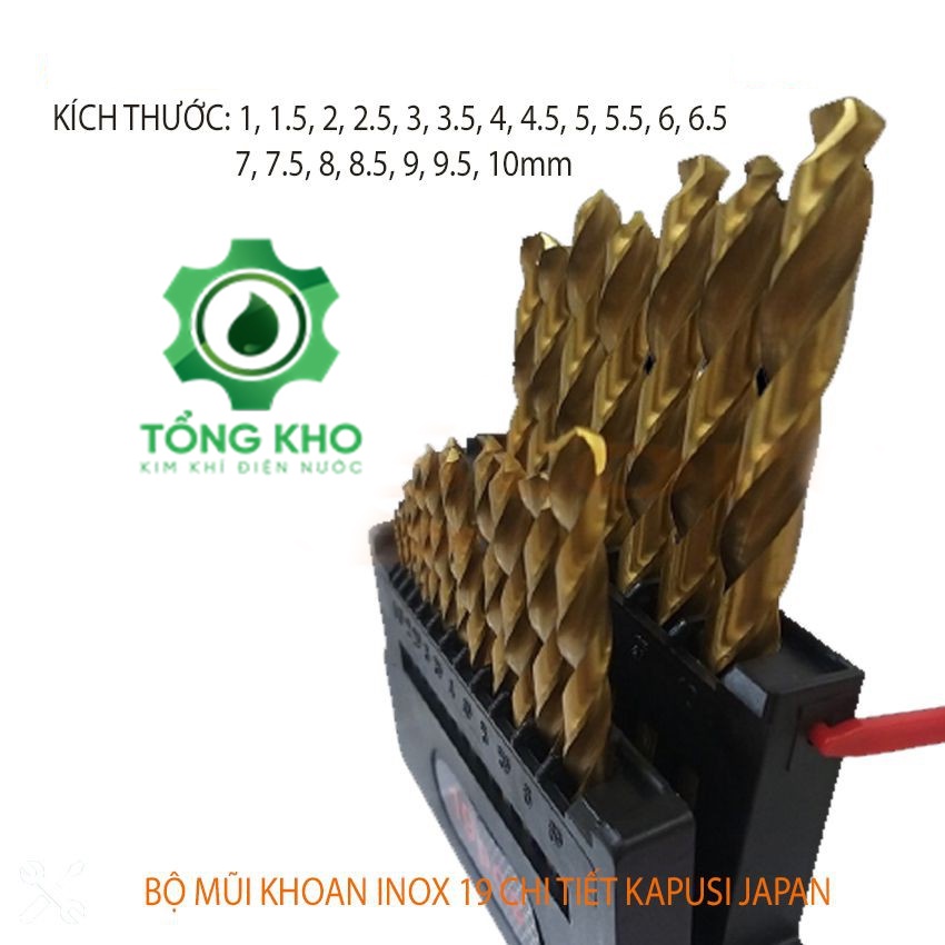 Bộ 19 mũi khoan inox Kapusi Japan kích thước từ 1-10mm - Set mũi khoan kim loại chính hãng  - Tổng kho kim khí điện nước
