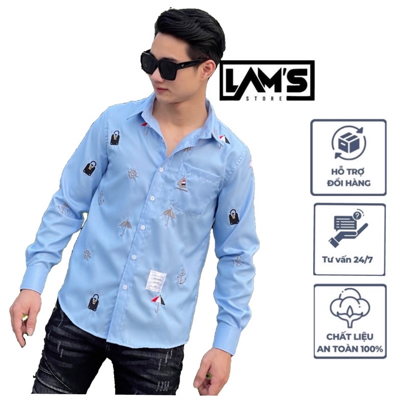 Sơ Mi Thom Browne LAM'S STORE thêu hình họa tiết xanh ,trắng ,chất vải gai cao cấp thoáng mat thấm hút mồ hôi