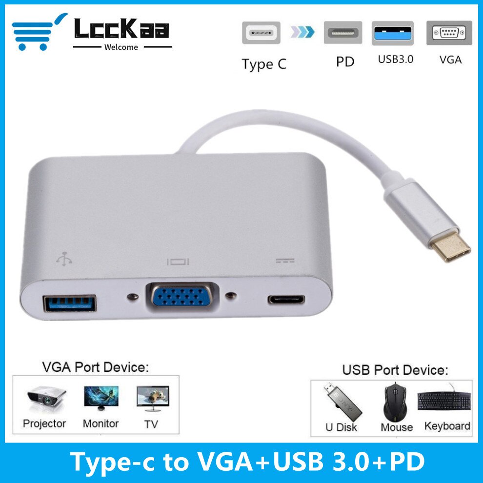 Bộ chuyển đổi âm thanh LccKa 1080P USB C sang VGA USB 3.0 cho Macbook pro Samsung s9 s10