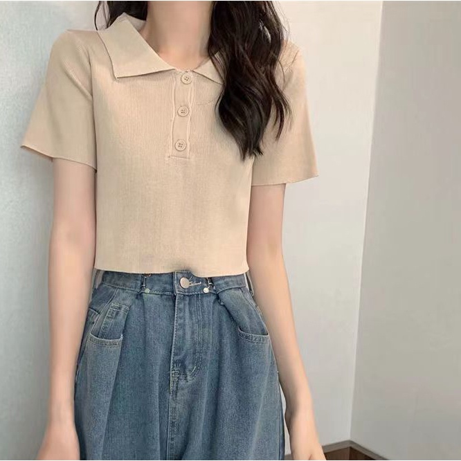Áo polo NZN dệt kim ngắn tay phối cổ lật thời trang mùa hè cho nữ