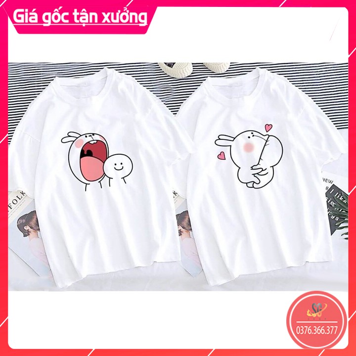 Áo thun cặp đôi nam nữ dễ thương form unisex cổ tròn tay ngắn thun cotton mềm mịn màu trắng AC111T