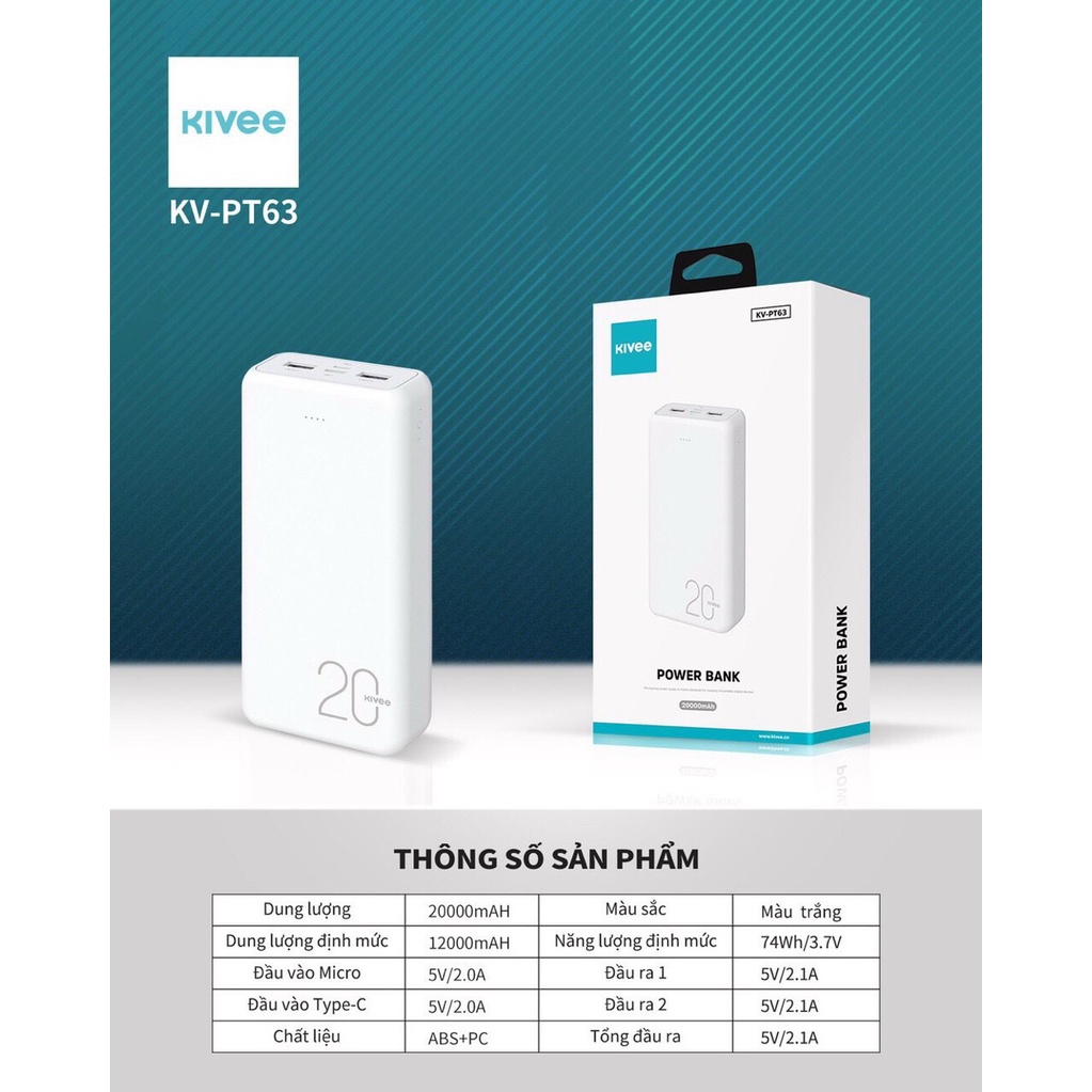 【KIVEE CHÍNH HÃNG】Sạc dự phòng PT63 Kivee 20000mah dung lượng tích hợp đèn led và cổng USB chất lượng cao