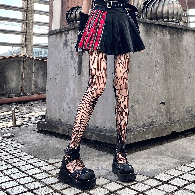 Gothic Dark Spider Pantyhose Female Hollow Out Thigh High Stockings Lolita Kawaii Breathable Shaping Halloween Tight