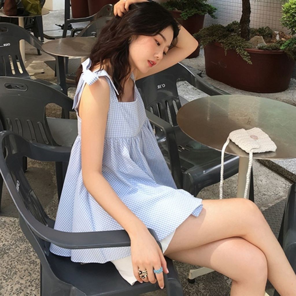 Set áo babydoll hai dây thắt nơ kẻ xanh và quần short / Set đồ ulzzang xinh freesize - Có ảnh feedback