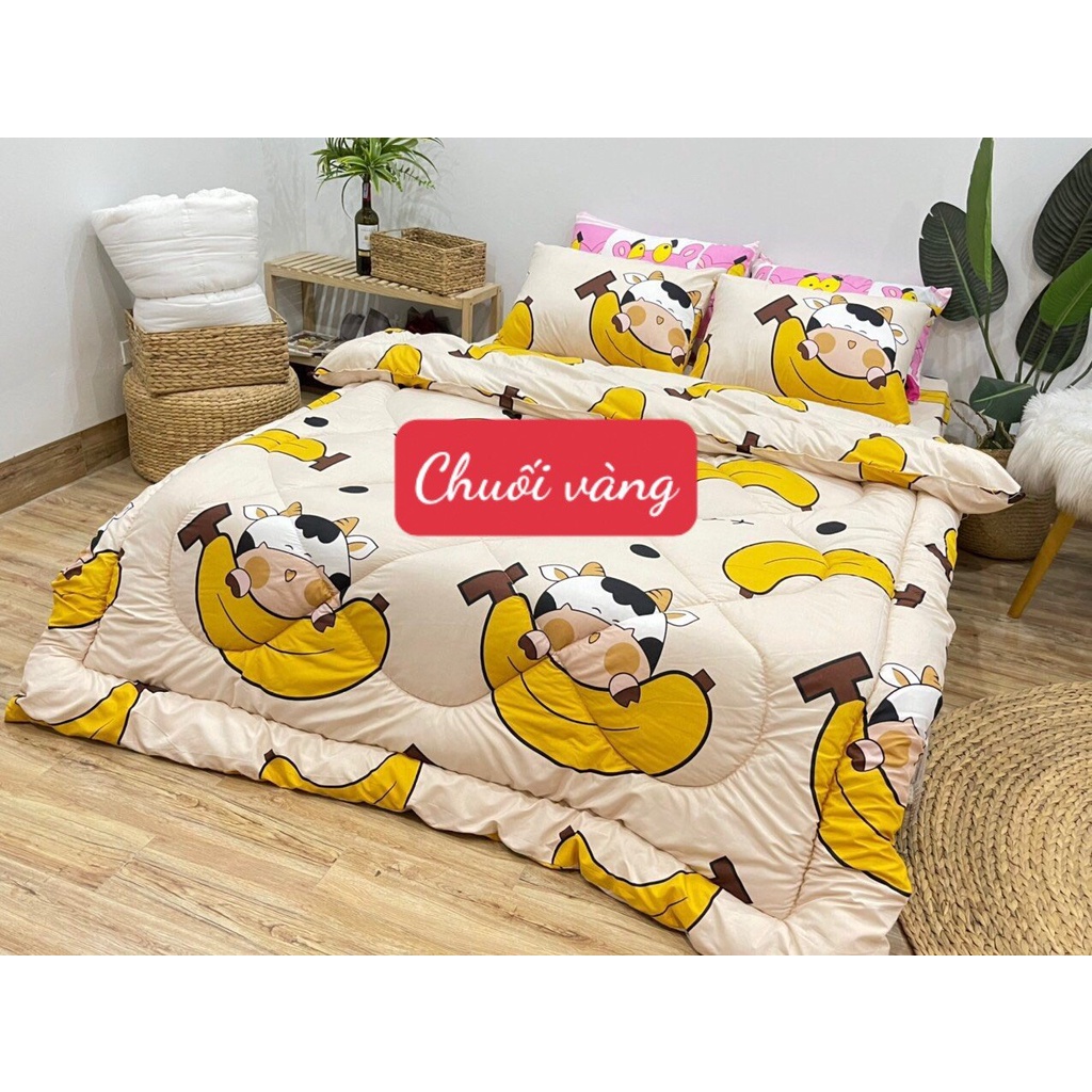 Trọn Bộ Chăn phao ga gối 4 món trần bông dày 1m6x2m vải poly cotton, (MẪU CHUỐI VÀNG)