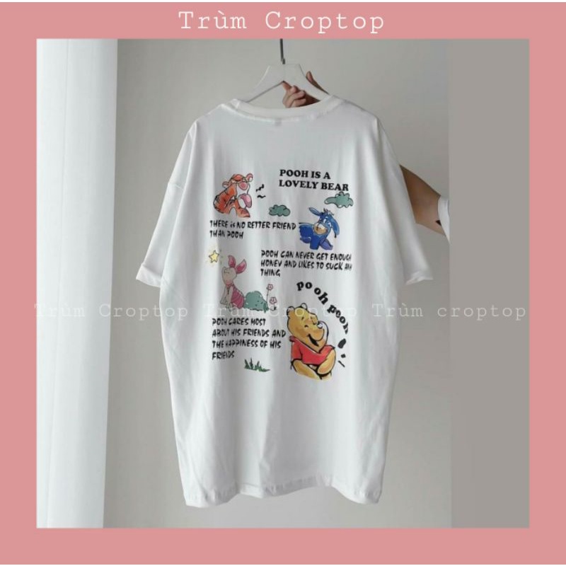 Áo Thun Tay Lỡ Màu Trắng In Hình Gấu Pooh , Áo Phông Rộng Nam Nữ Form Unisex Dáng Basic