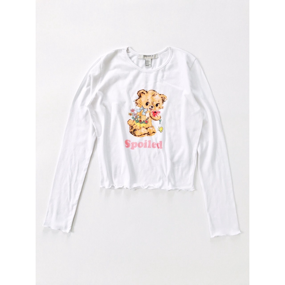 Áo Thun F21 Tay Dài Cổ Tròn Trắng In Gấu - 3365