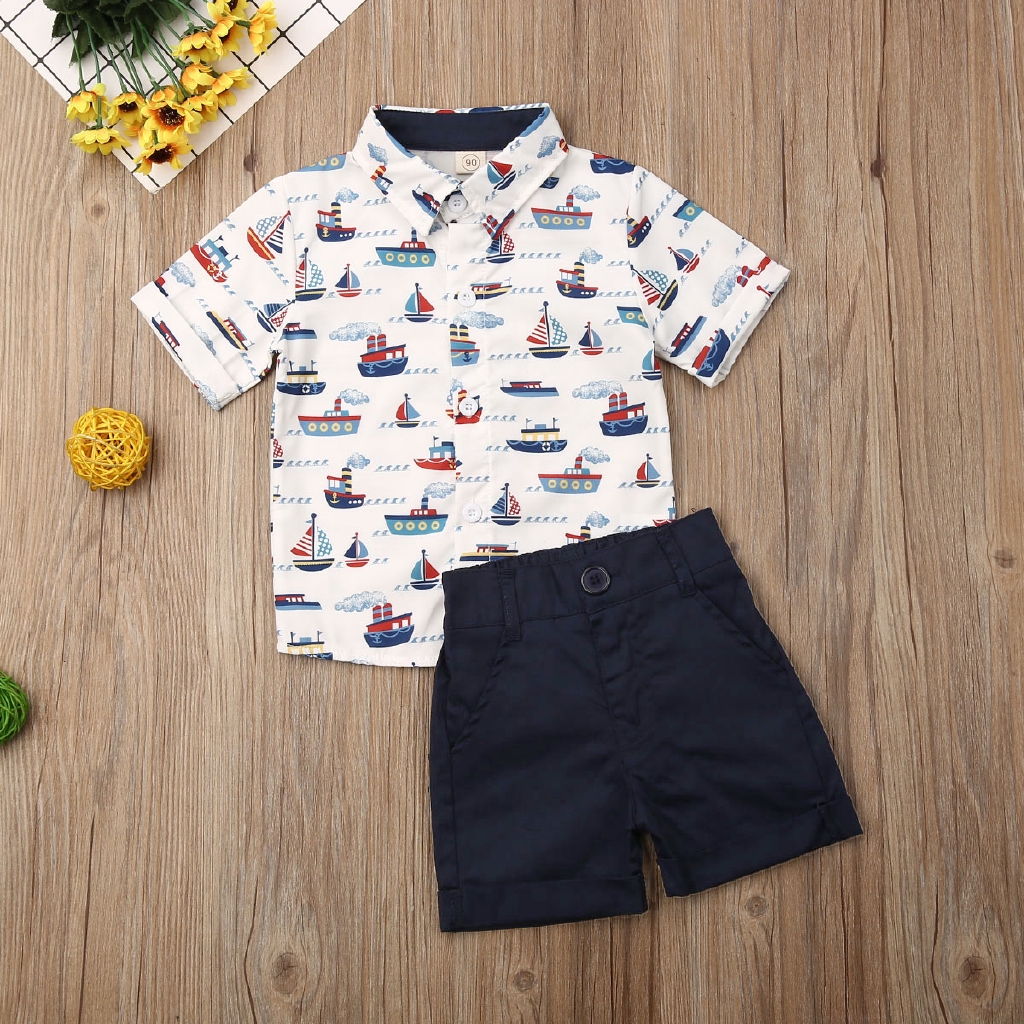 Set áo thun ngắn tay in hình thuyền buồm + quần ngắn thời trang cho bé trai