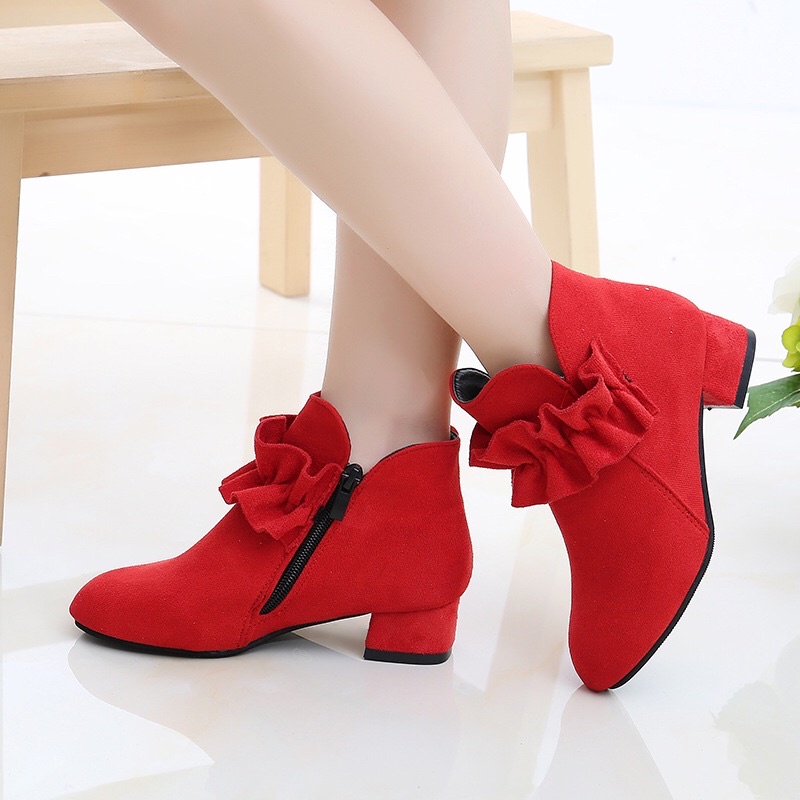 Giày bốt gót cao thời trang Anh Quốc chất dạ xinh xắn dành cho bé gái 3-18 tuổi size 27-37 màu Đen Đỏ Hồng Boots trẻ em