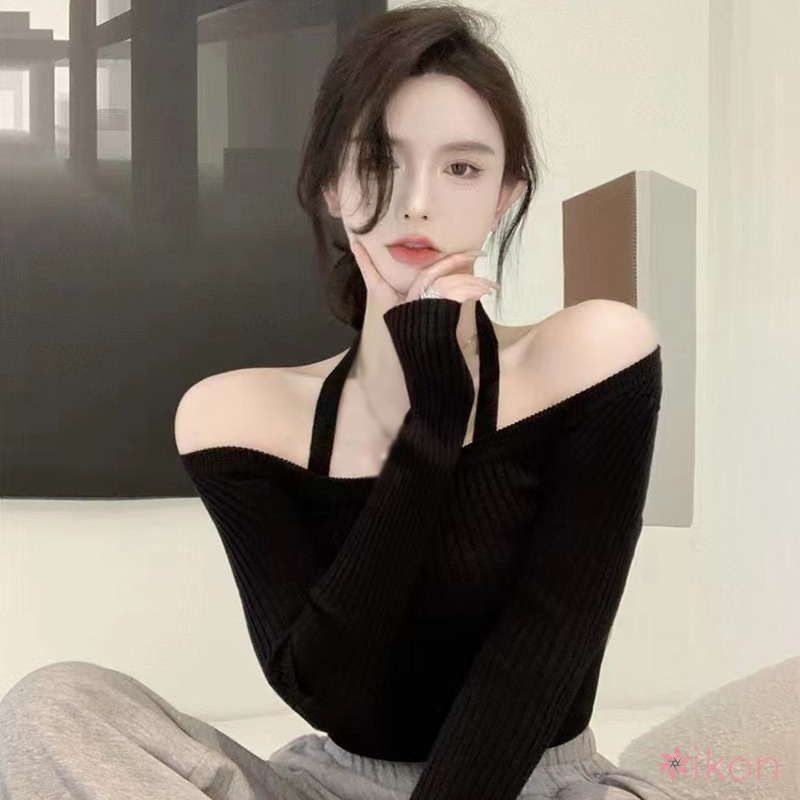 Áo Sweater Dệt Kim Mỏng Tay Dài Cổ Tròn Dáng Ôm Hở Xương Quai Xanh Dễ Thương Cho Nữ