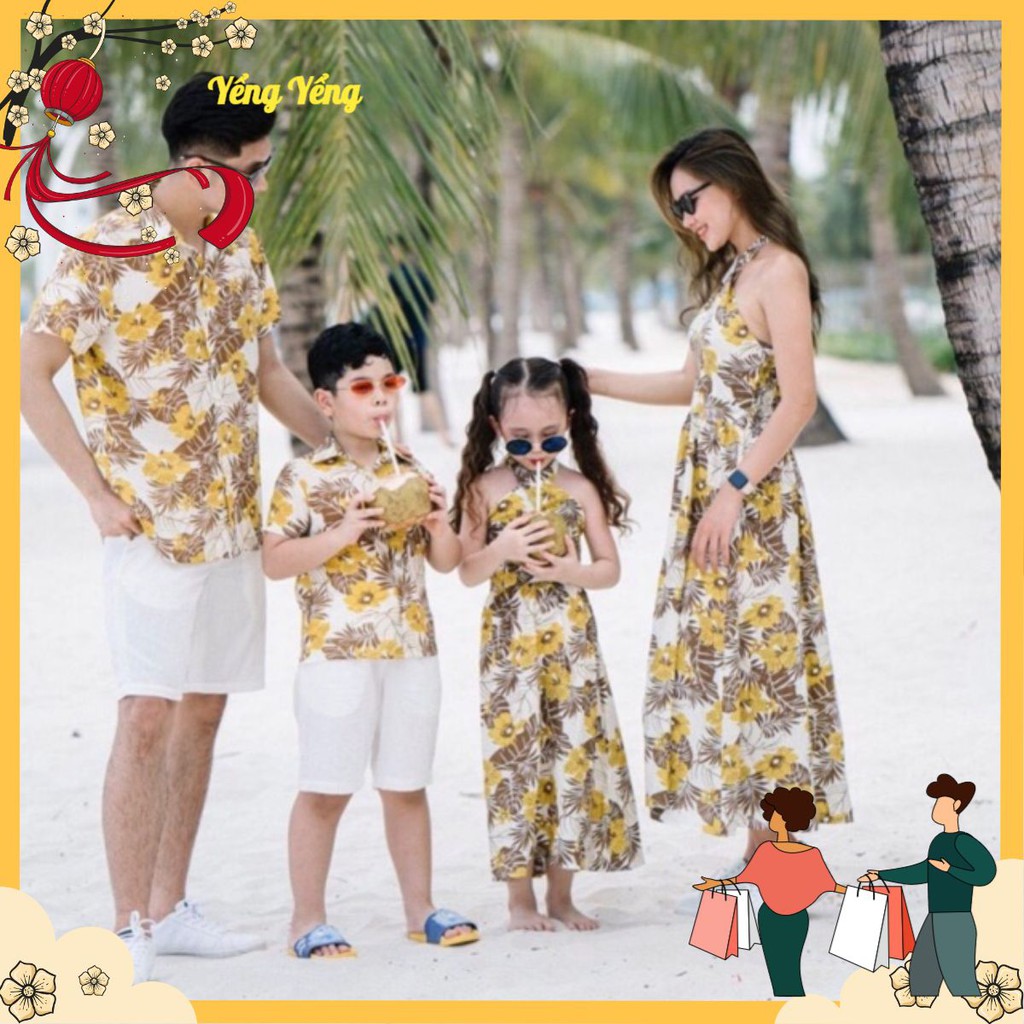 SET ÁO VÀ VÁY GIA ĐÌNH NỀN TRẮNG HOA VÀNG