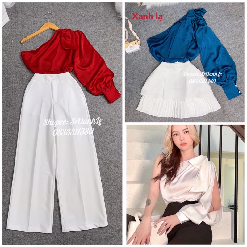 Áo lệch vai phối nơ tay dài A624