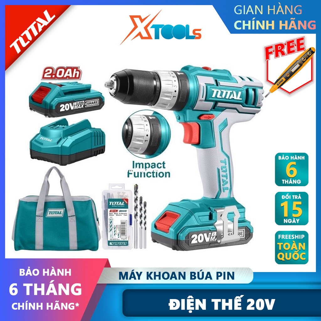 Máy khoan bê tông dùng pin 20V TOTAL TIDLI2002 nhông hai tốc độ, khả năng khoan 0.85- 10mm, đầu khoan khóa tự động, nhôn
