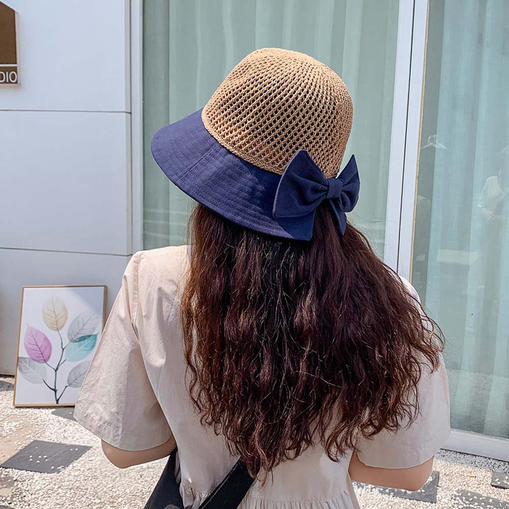 USNOW Personality Bucket Hat Trendy Bow Cap Sun Hat Women Cloth Summer Foldable Japanes Breathable Flax/Multicolor