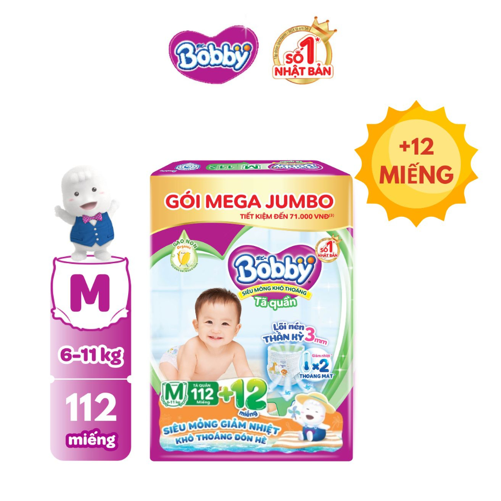 [TẶNG THÊM 12 MIẾNG] Tã/bỉm quần Bobby 3mm Gạo non Giảm nhiệt M112/L96/XL84/XXL76 phiên bản mùa hè