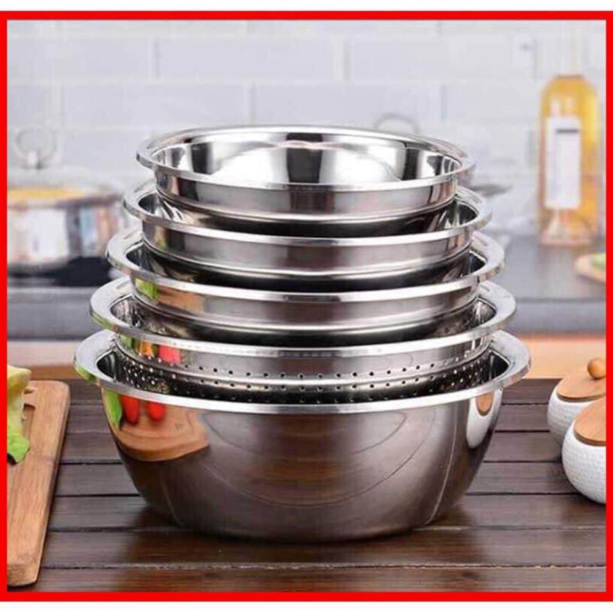 Set 5 bộ rổ, thau bằng inox cao cấp