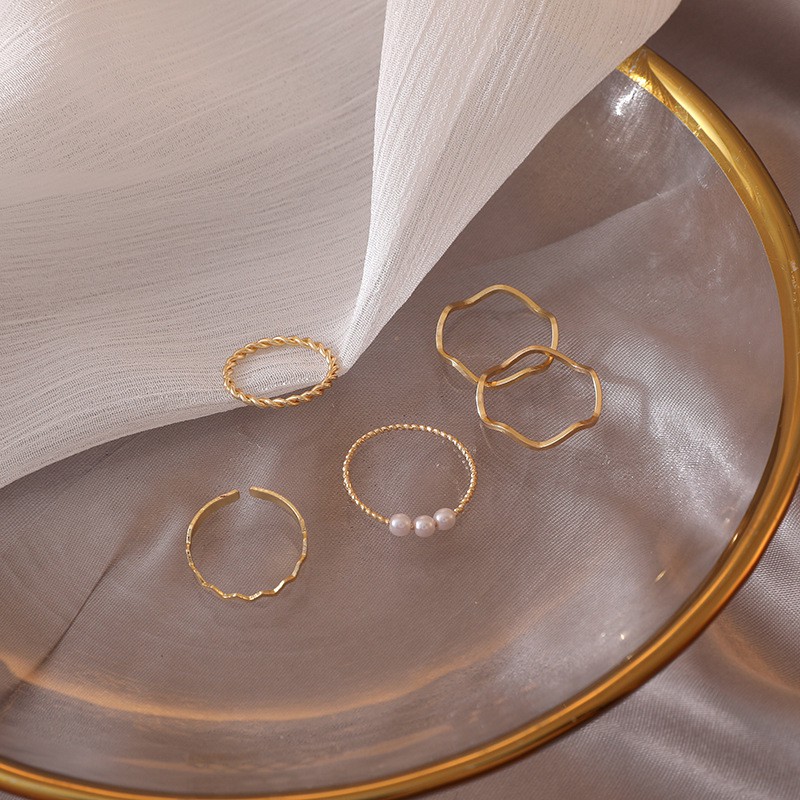 Thời Trang set 5 Nhẫn Kim Loại Đính Hạt Giả Ngọc Trai Sang Trọng