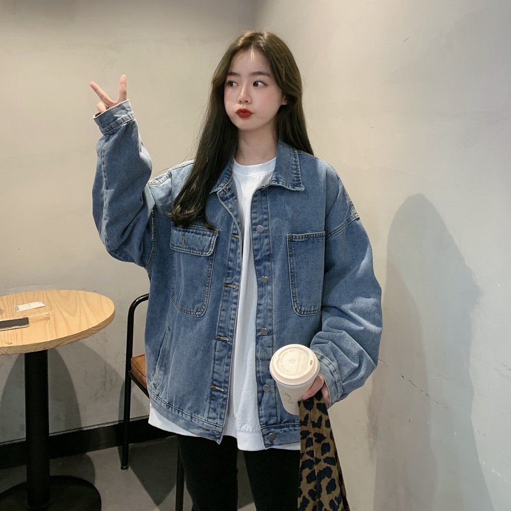 Áo khoác bò nữ Áo khoác denim jean dáng rộng trẻ trung đường phố dài retro