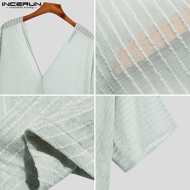 Áo thun INCERUN tay ngắn cổ chữ V in kẻ sọc phong cách mùa hè cho nam