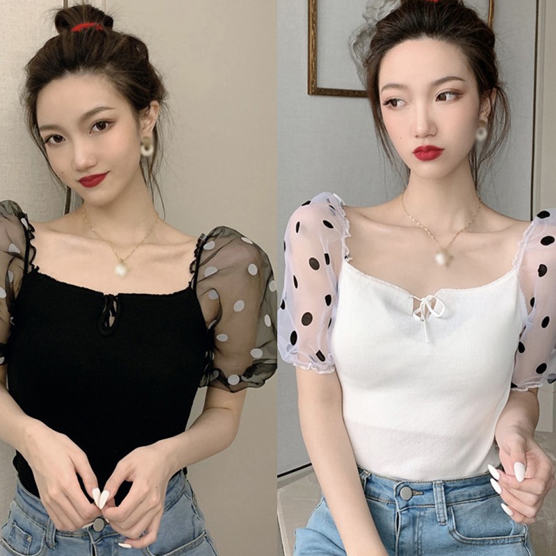 Áo Thun Nữ Tay Ngắn Cổ Vuông Họa Tiết Chấm Bi Thời Trang