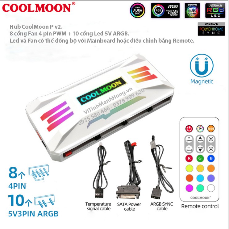 Hub CoolMoon P-ARGB v2, 8 cổng 4 pin PWM +  10 cổng Led 3 pin 5V-ARGB, đồng bộ Led Mainboard.