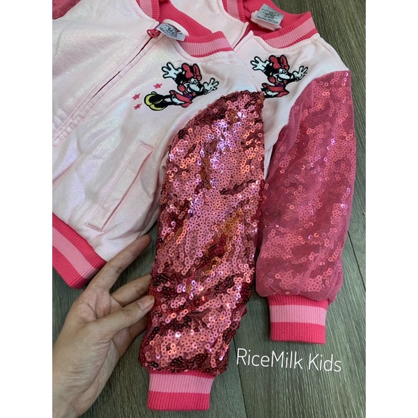 Áo khoác bomber hồng phối tay sequin xuất dư xịn cho bé gái