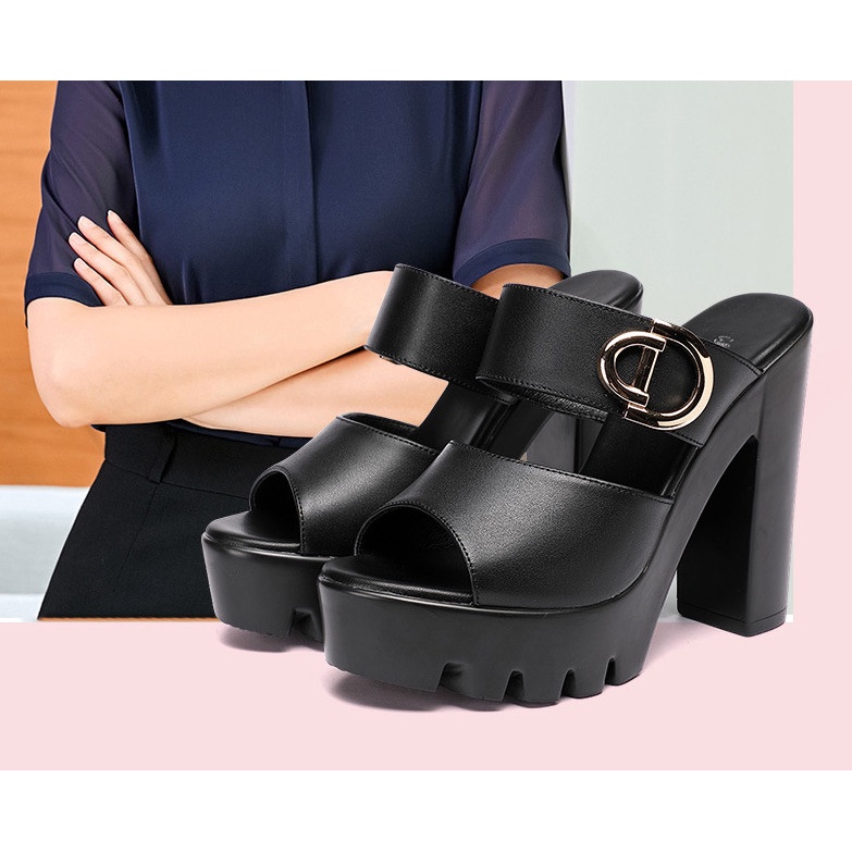 Dép cao gót đế thô khoá D sang chảnh