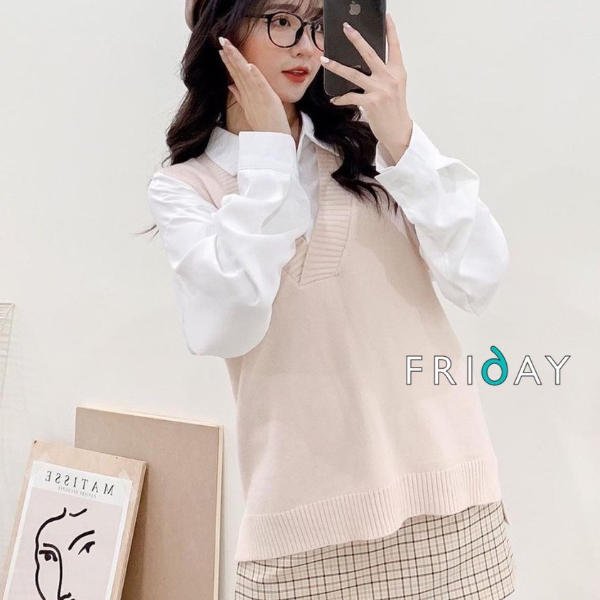 Áo len gile trơn 2 mầu kem và nâu tây phong cách ulzzang Hàn Quốc phù hợp mùa thu Fridayshop | BigBuy360 - bigbuy360.vn