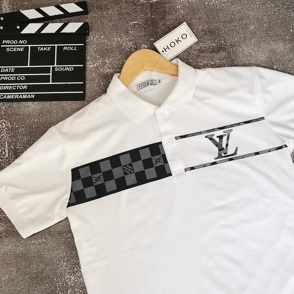 Áo thun nam cổ trụ tay ngắn phối ngực họa tiết ngang LV caro áo chất cotton thoáng mát thời trang hè hot trend
