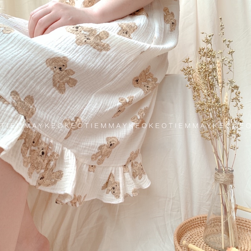 VÁY XÔ MUSLIN GẤU TEDDY  XINH XẮN - ĐẦM NGỦ FREESIZE SIÊU RỘNG - ẢNH CHỤP THẬT- TIEMMAYKEOKEO