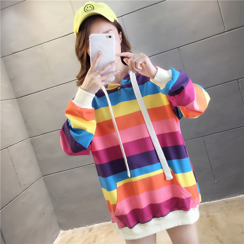 ⚡Cầu Vồng⚡ Áo Hoodie Dài Tay Họa Tiết Sọc Cầu Vồng Cho Cặp Đôi