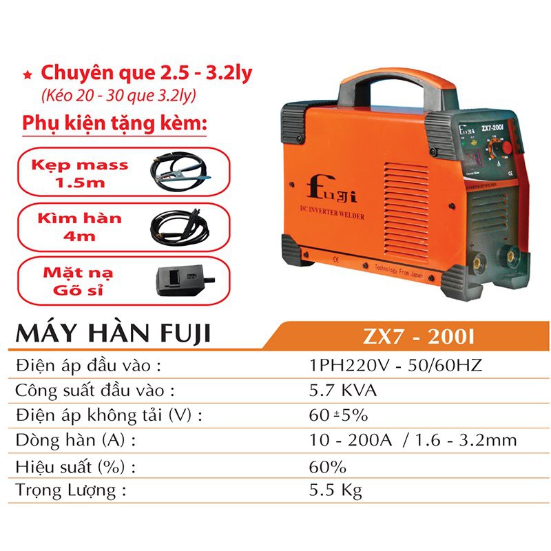 MÁY HÀN QUE ĐIỆN TỬ FUJI ZX7-200i (cam) chính hãng thiết kế nhỏ gọn và an toàn