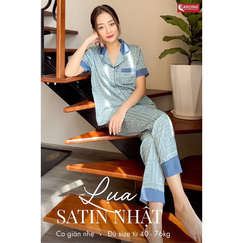 Bộ Pijama Nữ 𝐂𝐀𝐑𝐃𝐈𝐍𝐀 Chất Lụa Satin Nhật Cao Cấp Quần Dài, Áo Cộc Tay Họa Tiết Tinh Tế, Trẻ Trung 1Pi18.