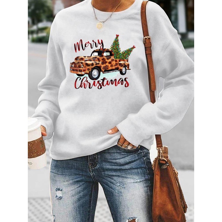 Áo Sweater Chui Đầu In Họa Tiết Da Báo / Xe Tải / Chữ Merry Christmas Thời Trang Cho Nữ