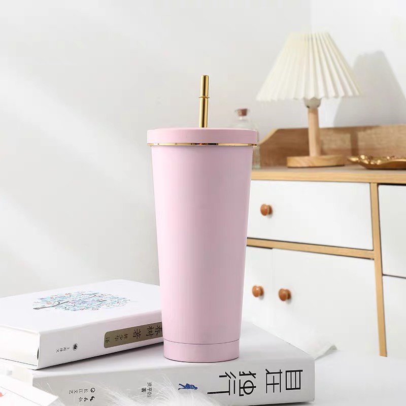 Ly giữ nhiệt cao cấp inox 304 viền mạ vàng 750-ml tặng kèm ống hút + cọ rửa