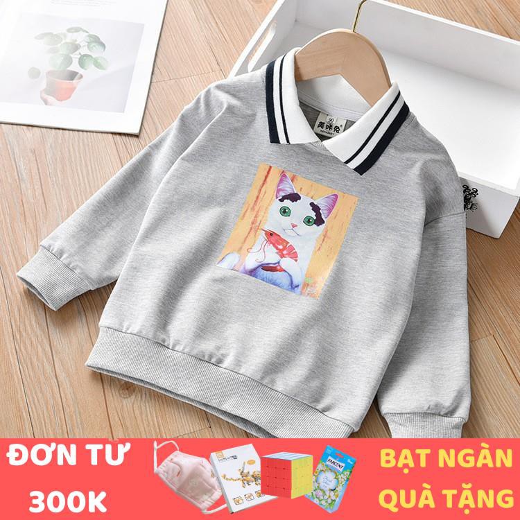 [HÀNG QUẢNG CHÂU CAO CẤP] Áo thun bé gái cổ polo in hình mèo, màu xám Smartkids TE1635