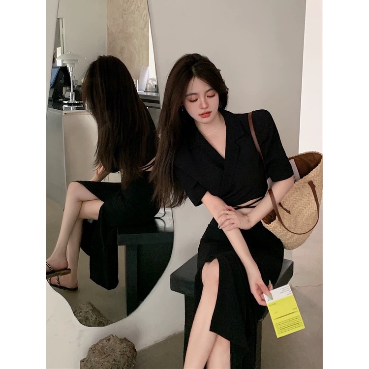 SET ÁO CROPTOP SƠ MI + CHÂN VÁY DÀI XẺ ĐÙI