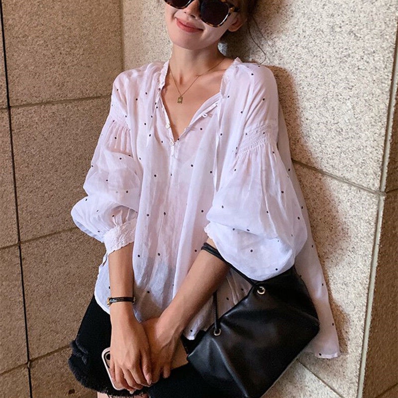 Áo kiểu tay dài họa tiết chấm bi dễ thương dành cho nữ