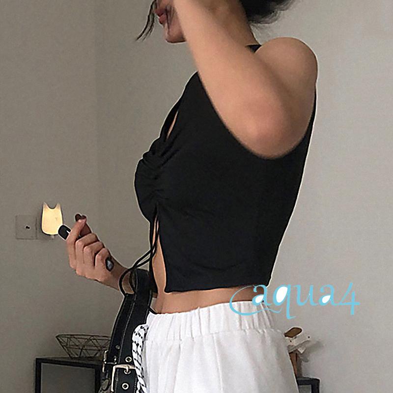 Áo croptop không tay màu trơn phối dây rút thời trang mùa hè cho nữ màu đen