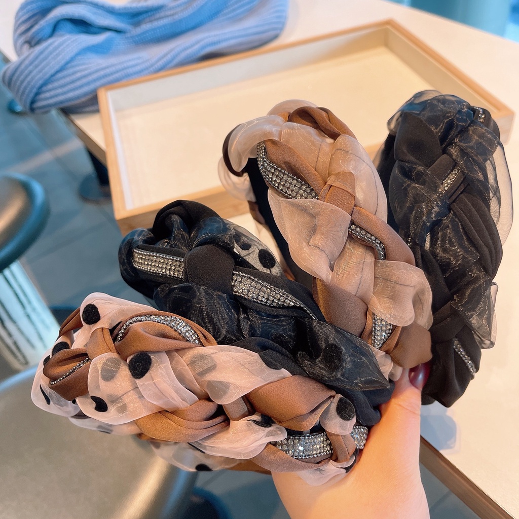 Băng Đô Vải Bản Rộng Thắt Nút Xoắn Đính Đá Kiểu Retro Phong Cách Hàn Quốc