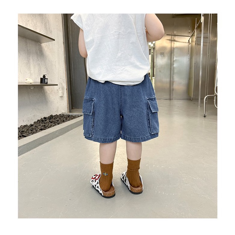 Quần short jean túi hộp in mặt cười cho bé trai từ 12-35kg, chất vải bò mềm, cạp chun co giãn thoải mái