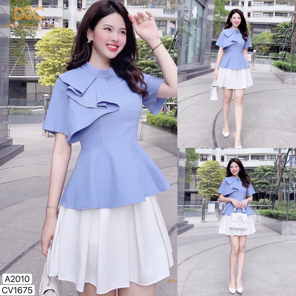 Áo nữ peplum xanh cổ bèo A2010 - DVC phân phối chính thức ( kèm ảnh thật shop tự chụp)