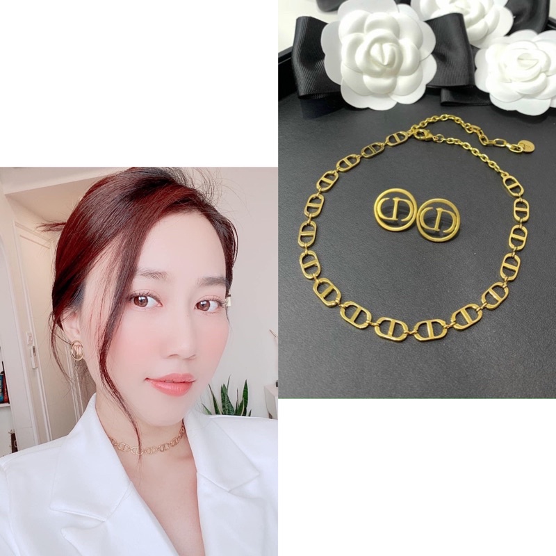 Set vòng cổ + khuyên tai CD mảnh, bông tai hàng cao cấp, dây chuyền chocker, vòng cổ nữ thương hiệu, khuyên tai hot girl