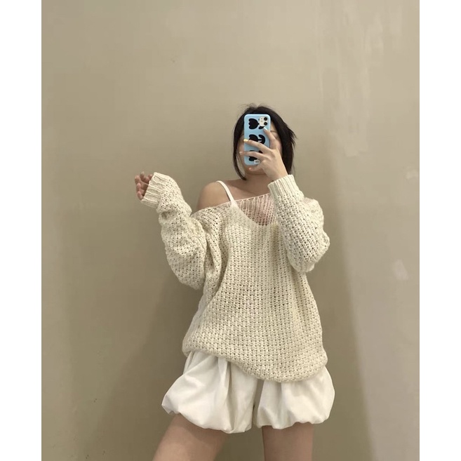 Áo len lưới trễ vai